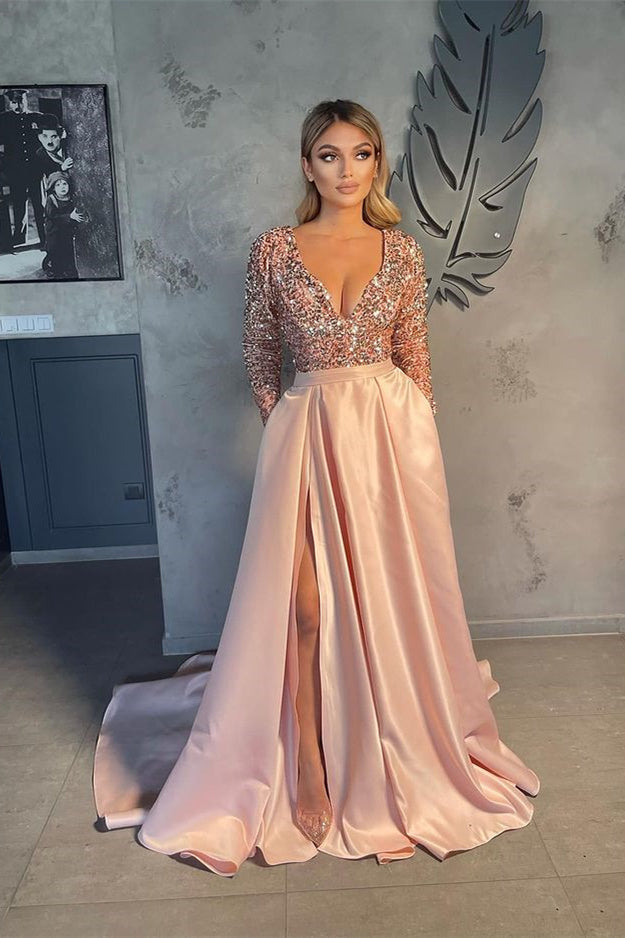 Long Sleeves V-Neck Sequins Prom Dress Long With Slit Online-showprettydress