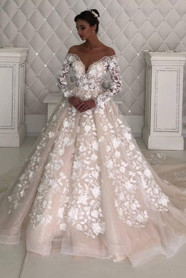 Long Sleevess A line Lace Designer wedding dresses with sleeves-showprettydress