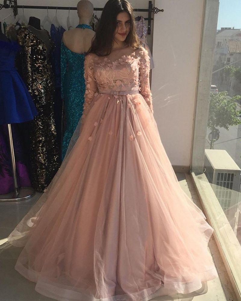 Long Sleevess Floral Blow Dusty Pink Ball Gown Tulle Prom Dresses-showprettydress