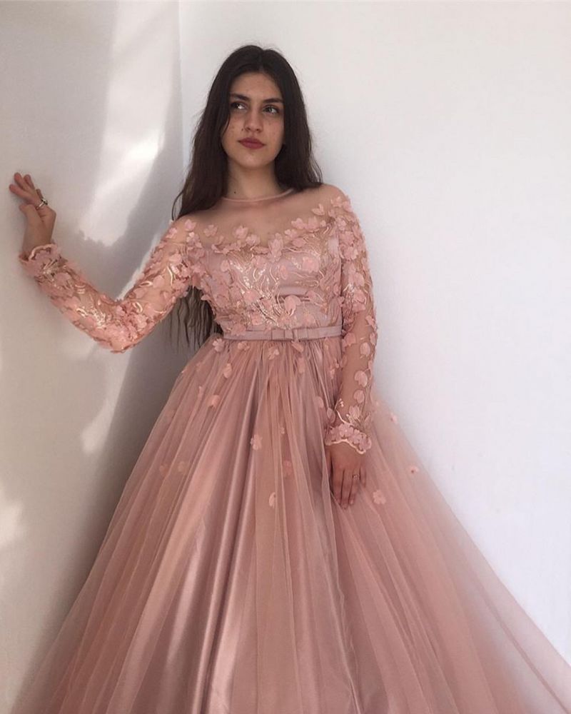 Long Sleevess Floral Blow Dusty Pink Ball Gown Tulle Prom Dresses-showprettydress