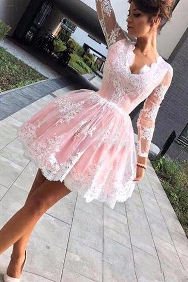 Long Sleevess Lace Pink Back to school V-neck Puffy Homecoming Dress-showprettydress