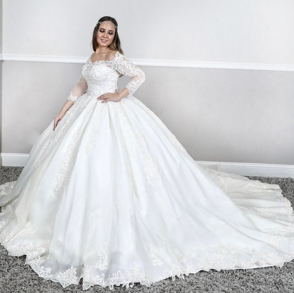 Long Sleevess Lace Square neck puffy Ball gown Court train White Wedding Dresses-showprettydress