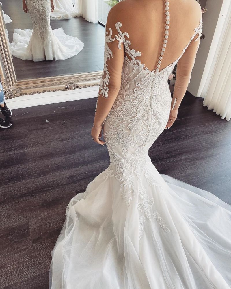 Long Sleevess V neck Lace Mermaid white Wedding Dresses Online-showprettydress