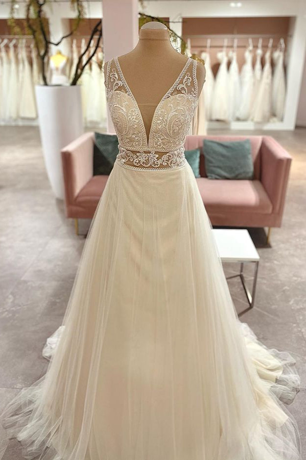 Long Sweetheart A-Line Tulle Appliques Lace Wedding Dress-showprettydress