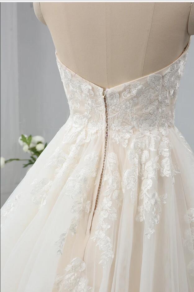 Long Sweetheart Backless Appliques Lace Tulle A-Line Wedding Dress-showprettydress