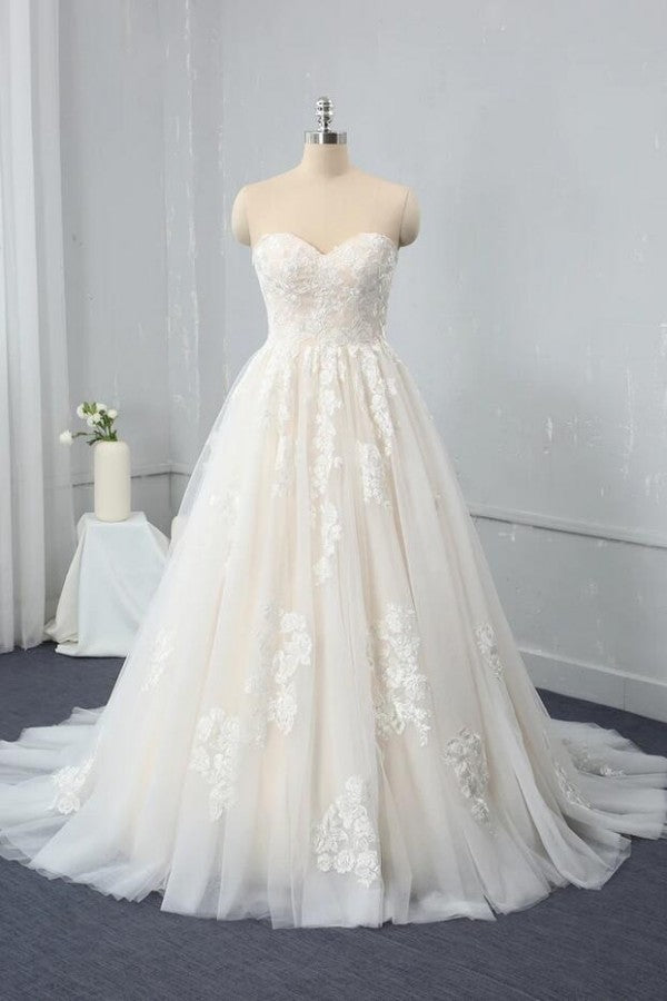 Long Sweetheart Backless Appliques Lace Tulle A-Line Wedding Dress-showprettydress