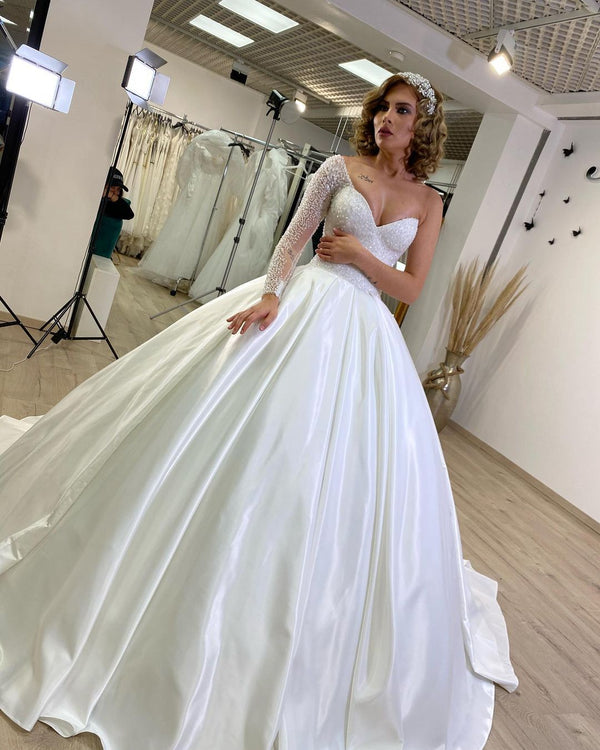 Long Sweetheart Satin Ruffles Ball Gown Wedding Dress with Sleeves-showprettydress