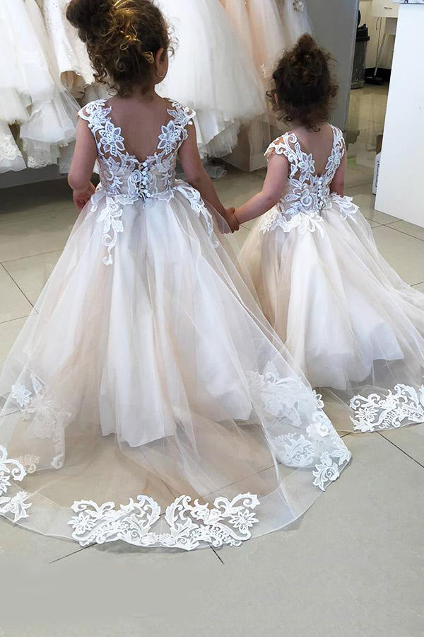 Long Tulle Sleeveless Flower Girls Party Dresses With Lace Appliques-showprettydress