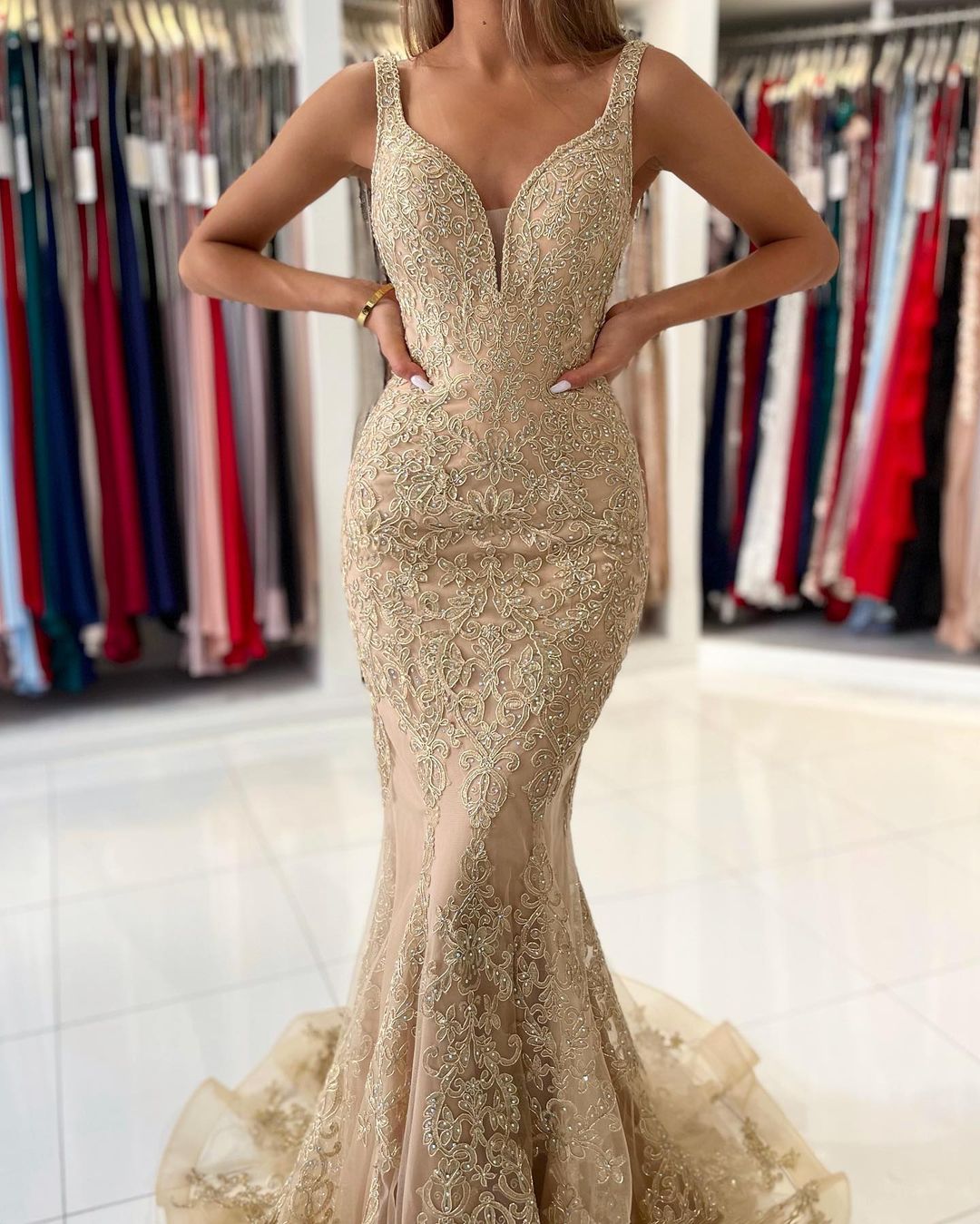 Long V-Neck Mermaid Backless Evening Dress With Gold Appliques-showprettydress