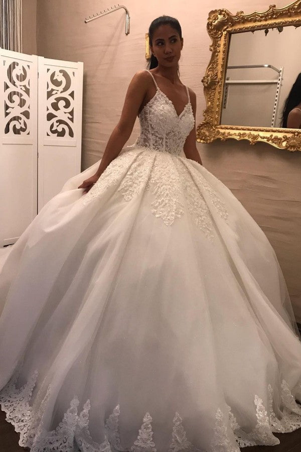 Long V-neck Spaghetti Straps Appliques Lace Tulle Ball Gown Wedding Dress-showprettydress