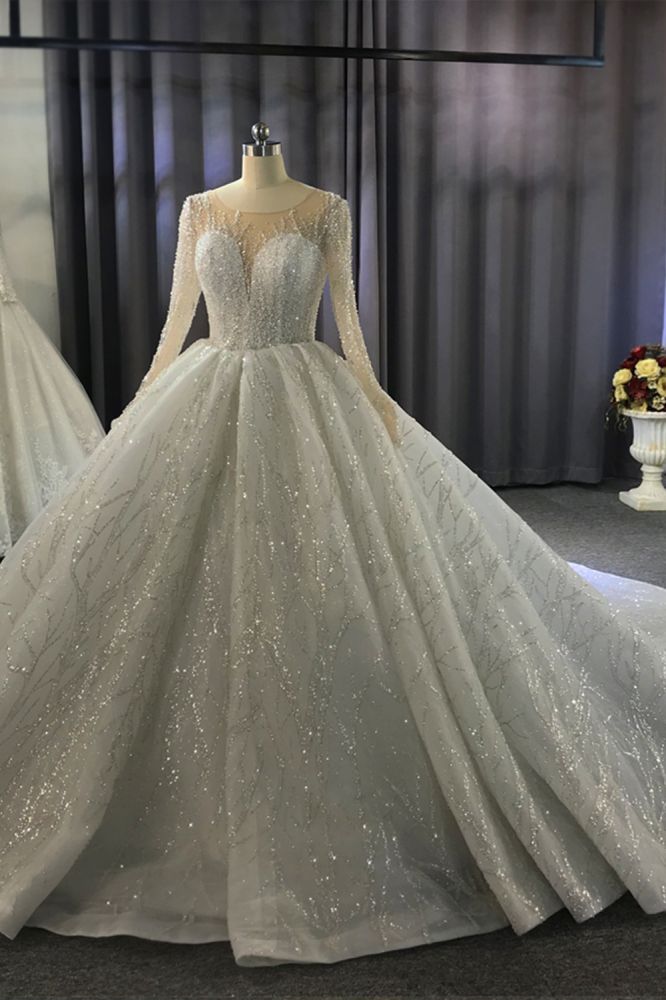 Luxurious Ball Gown Long Sleeves Crystal Beading Wedding Dress A line Classic-showprettydress