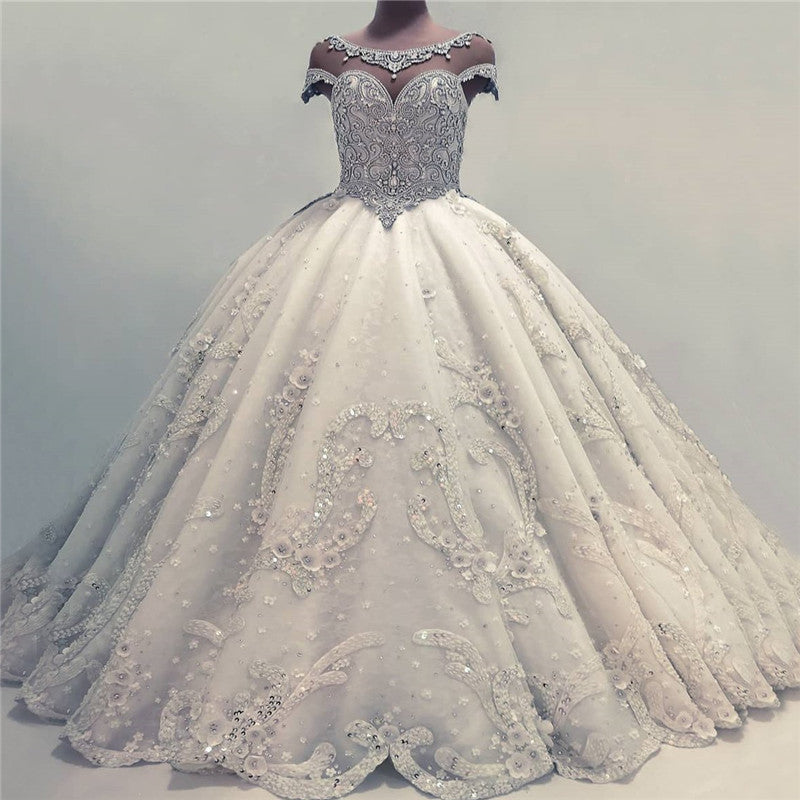 Luxurious Ball Gown Wedding Dresses Shiny Crystals Bridal Gowns with Flowers-showprettydress
