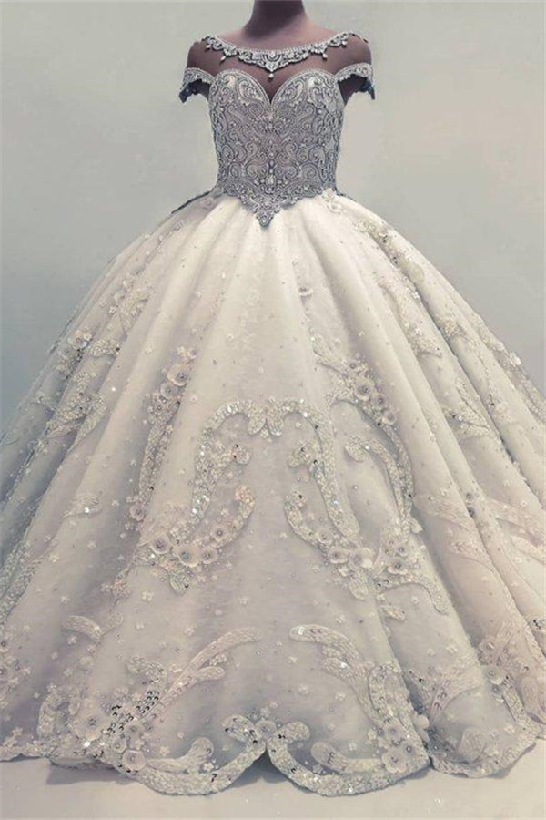 Luxurious Ball Gown Wedding Dresses Shiny Crystals Bridal Gowns with Flowers-showprettydress