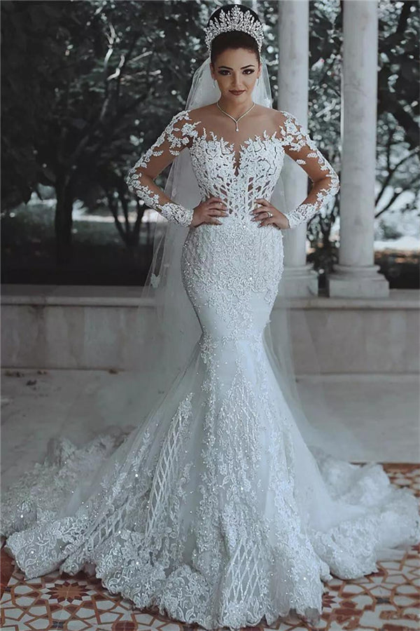 Luxurious Beaded Lace Mermaid Wedding Dresses with Sleeves Sheer Tulle Appliques Bridal Gowns Luxurious Beaded Lace Mermaid Wedding Dresses with Sleeves Sheer Tulle Appliques Bridal Gowns