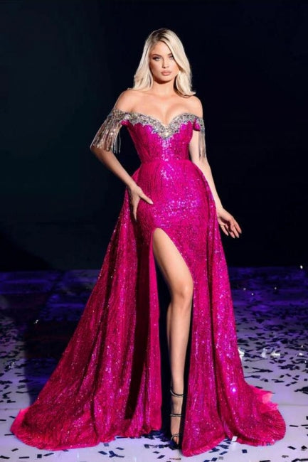 Luxurious Burgundy Long Mermaid Off-the-shoulder Prom Dresses Sequined Formal Evening Gowns-showprettydress