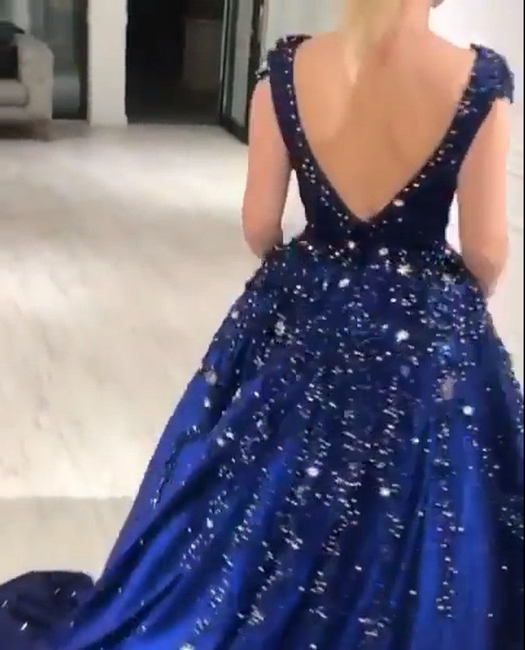 Luxurious Dark Navy Deep V-neck Cap sleeves Ball Gown Sparkle Beaded Prom Dresses-showprettydress