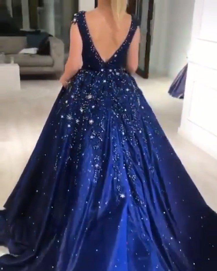 Luxurious Dark Navy Deep V-neck Cap sleeves Ball Gown Sparkle Beaded Prom Dresses-showprettydress