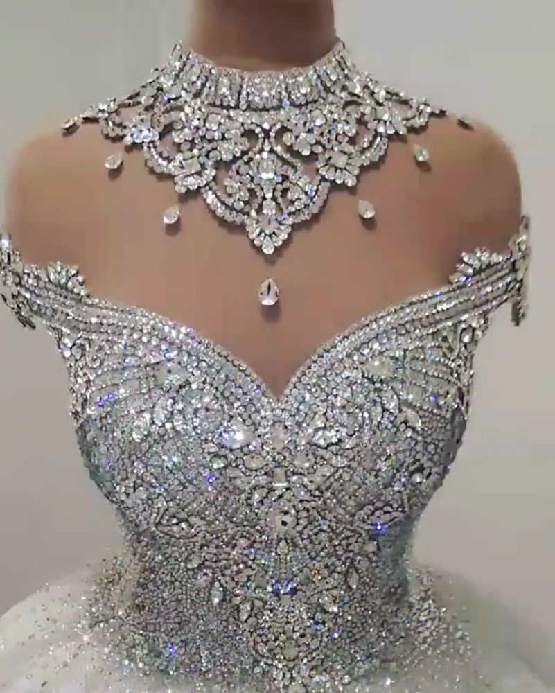 Luxurious High Neck Crystal Beading Ball Gown Wedding Dresses-showprettydress