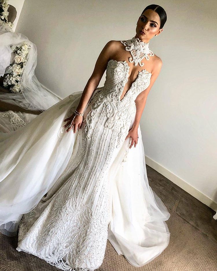 Luxurious High Neck Mermaid Sleeveless Wedding DressNew Arrival Lace Appliques Overskirt Bridal Gown-showprettydress