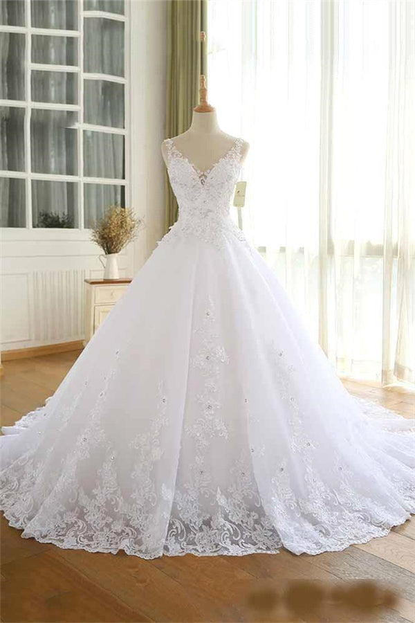 Luxurious Lace Beaded Wedding Dresses New Arrival V Neck Straps Long Ball Gown Wedding Party Bridal Dress-showprettydress