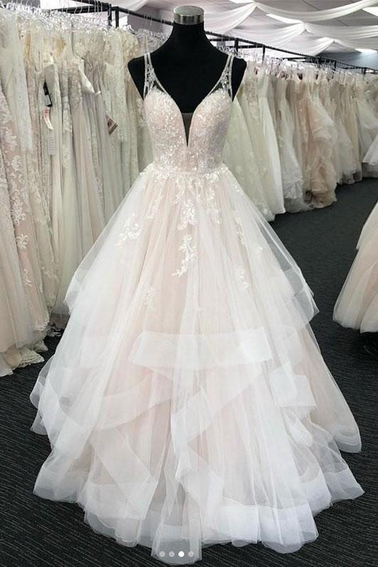 strapless open back dress Luxurious Long A-line Princess Tulle Lace Backless Wedding Dress