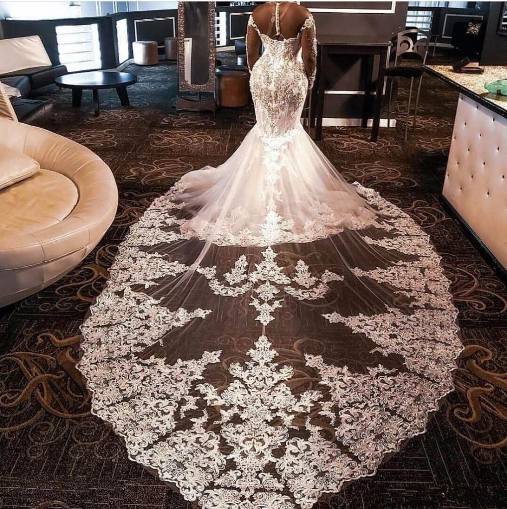 Luxurious Long Sleevess Beading Appliques Rhinestones Mermaid Wedding Dress with Sweep Train-showprettydress