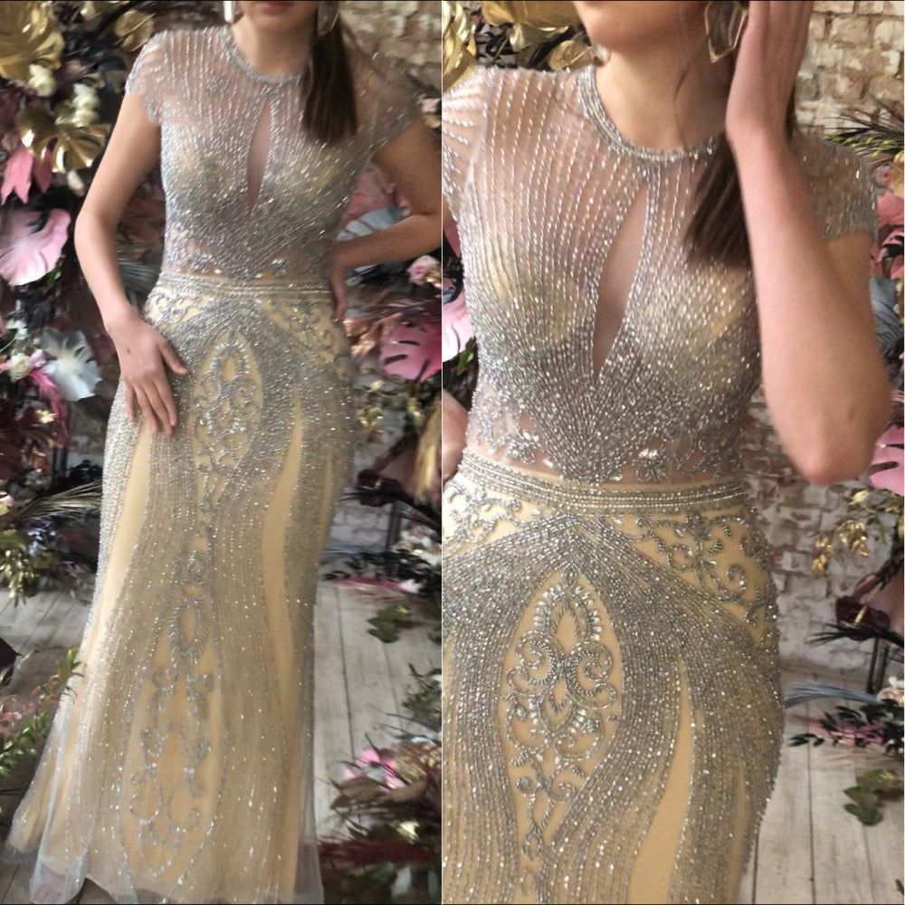 Luxurious Mermaid Halter Rhinestones Prom Party Gowns with Tassel Sparkle Formal Evening Dresses-showprettydress
