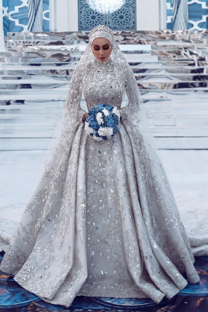 silver long sleeve wedding dress Luxurious Sequins Bridal Gown Aline Long Sleeves Highneck Sweep Train