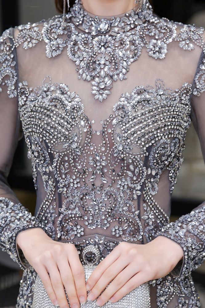 Luxurious Sparkle Cap sleeves High neck Beads Long Prom Dresses-showprettydress