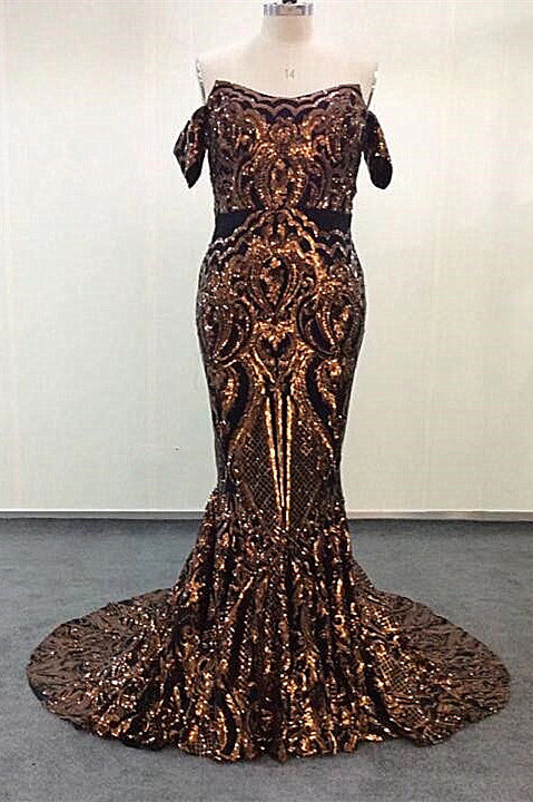 Luxurious Strapless Mermaid Golden Appliques Evening Dresses-showprettydress