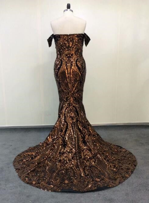 Luxurious Strapless Mermaid Golden Appliques Evening Dresses-showprettydress