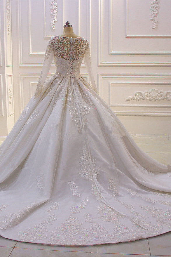 Luxurious White Long Sleevess Appliques Beadings Wedding Dress-showprettydress