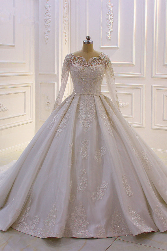 Luxurious White Long Sleevess Appliques Beadings Wedding Dress-showprettydress