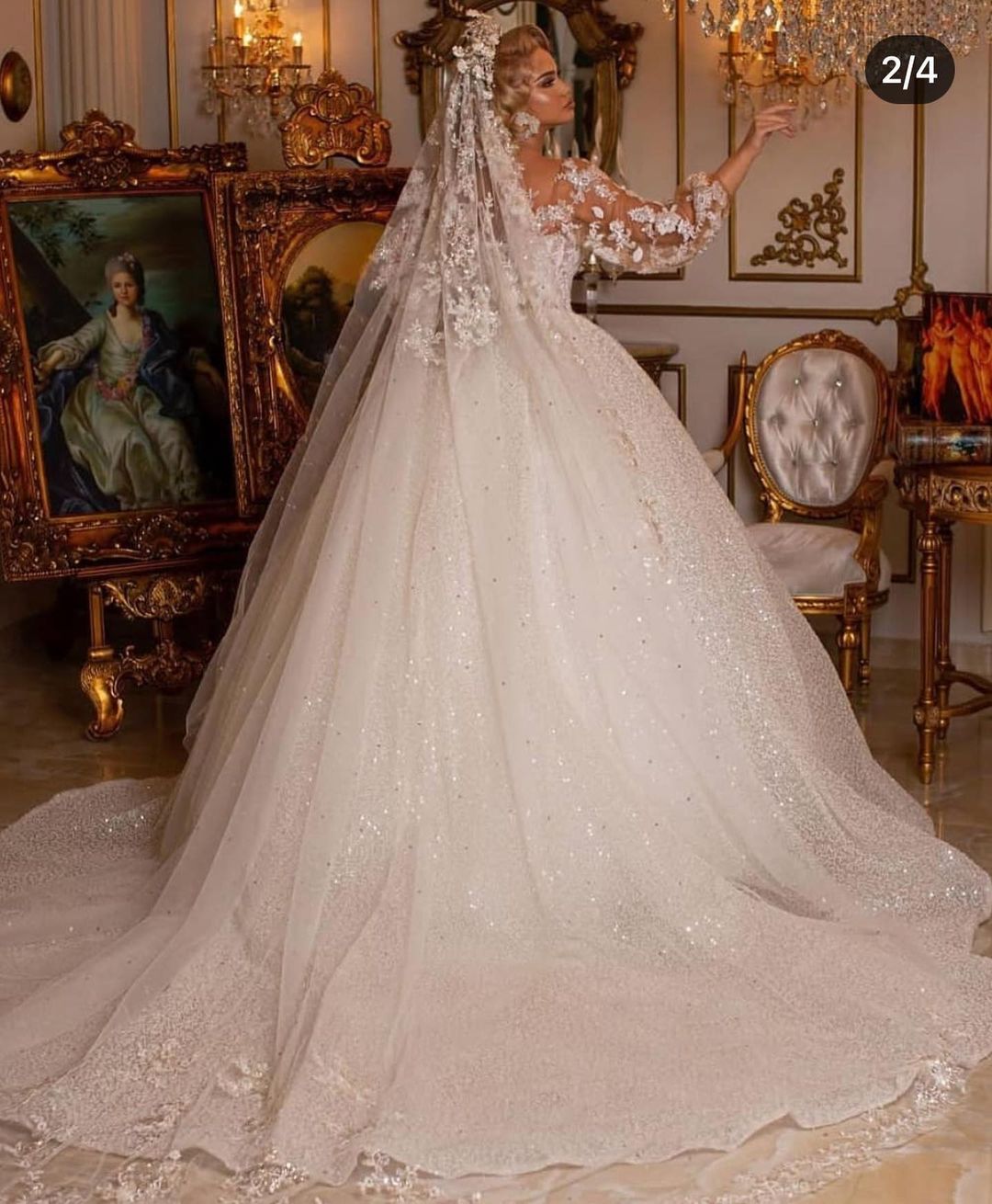 Luxury Long Ball Gown Glitter Wedding Dress with Puffy Sleeves-showprettydress