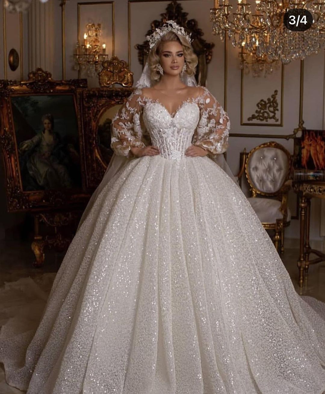 Luxury Long Ball Gown Glitter Wedding Dress with Puffy Sleeves-showprettydress