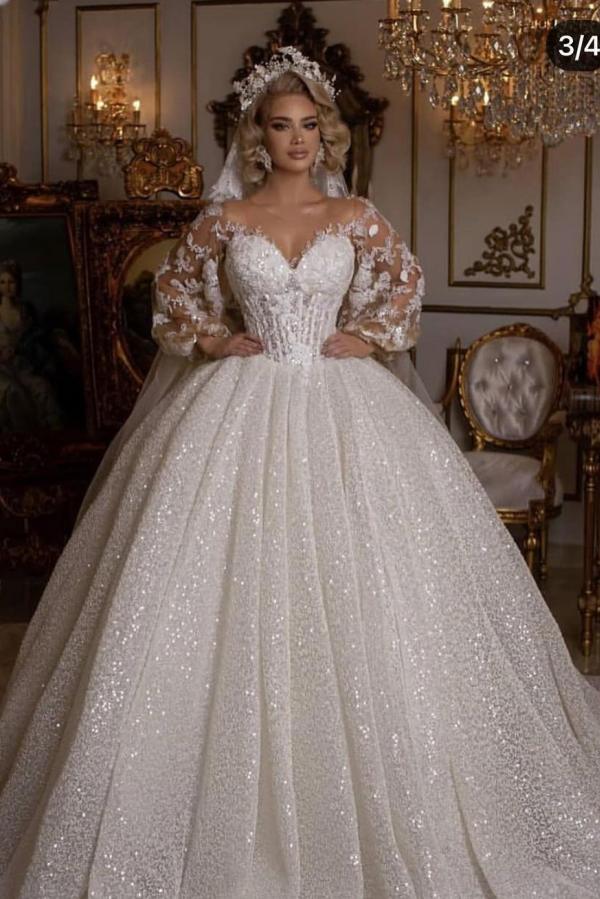 Luxury Long Ball Gown Glitter Wedding Dress with Puffy Sleeves-showprettydress