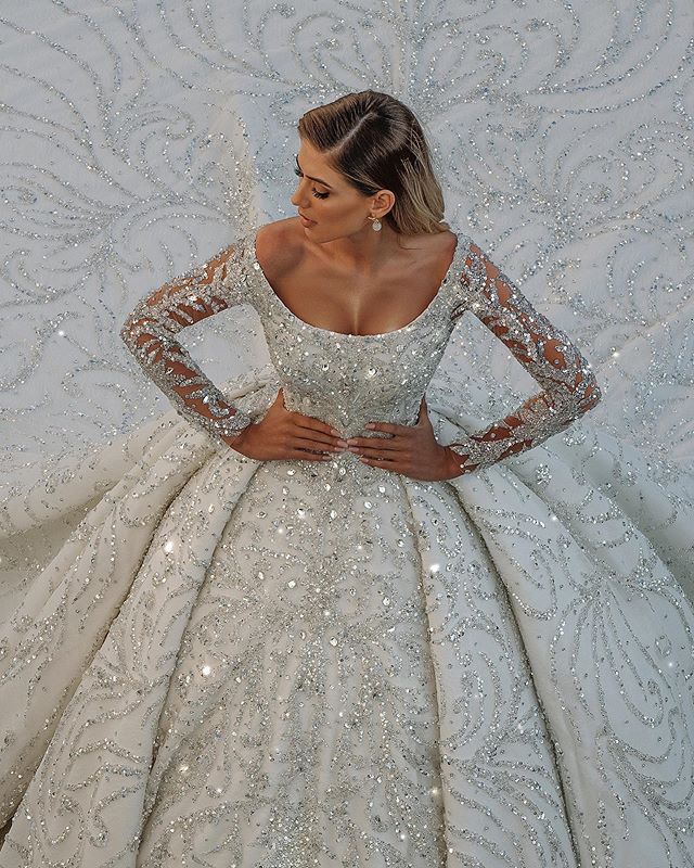 Luxury Long Ball Gown Sequin Off The Shoulder Backless Wedding Dress with Sleeves-showprettydress