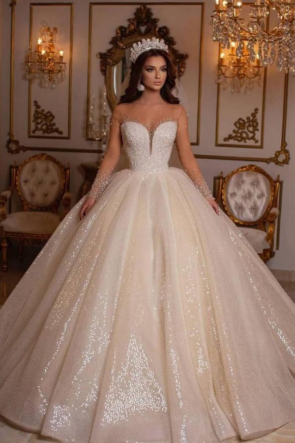 Luxury Long Ball Gown Sweetheart Sparkly Wedding Dress with Sleeves-showprettydress