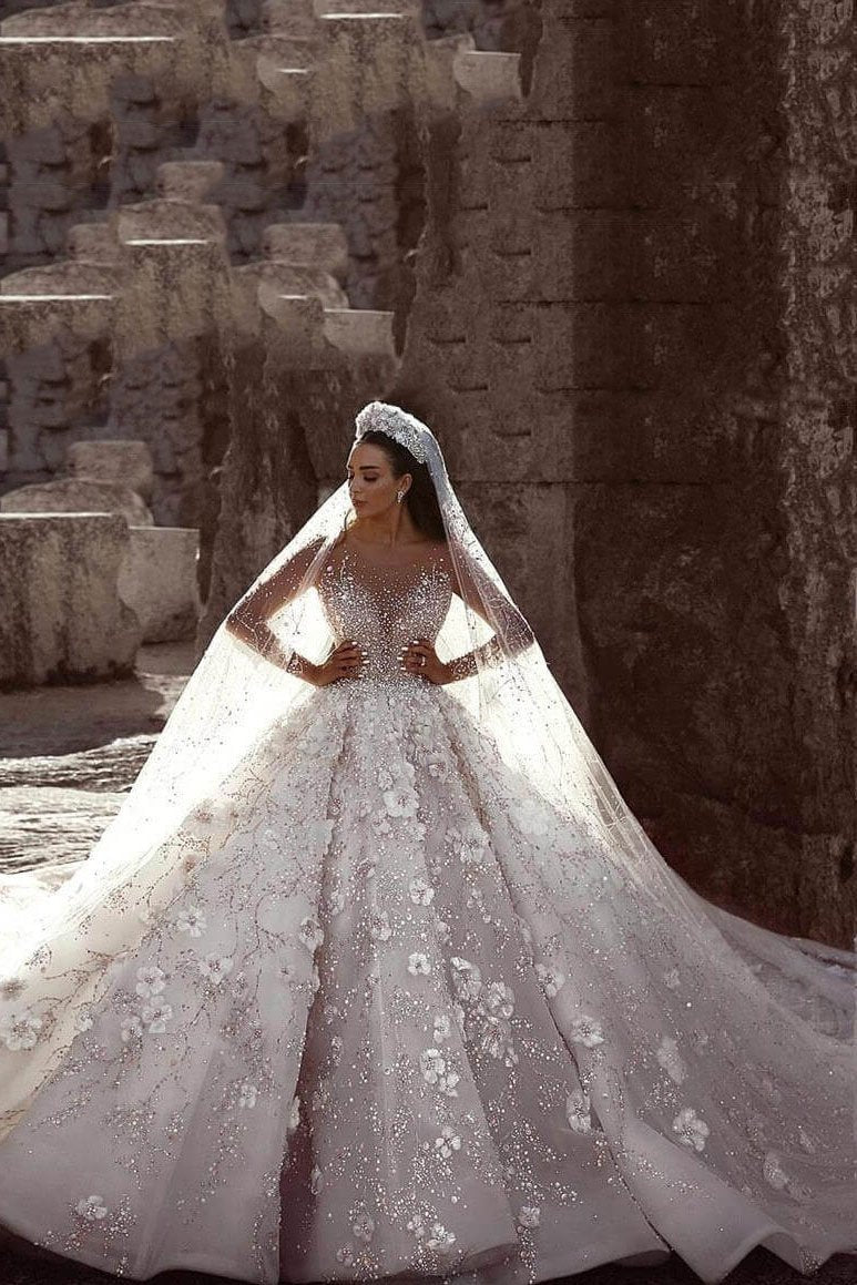 Luxury Long Sleeve Lace Ball Gown Beaded Wedding Dress-showprettydress