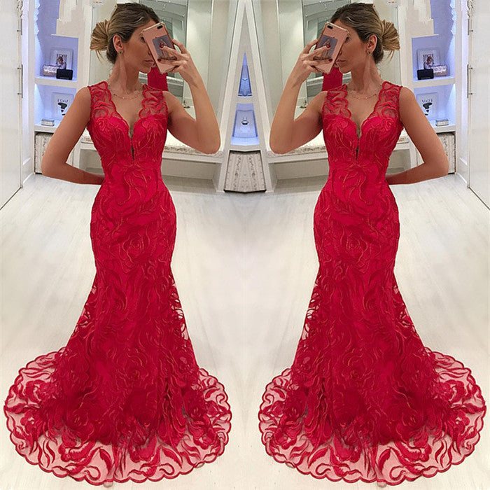 Mermaid Appliques Straps Sleeveless V-Neck Long Prom Party Gowns-showprettydress