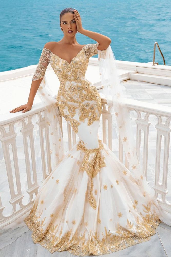 Mermaid Bridal Gowns Gold Appliques Half Sleeve Cape Mermaid Bridal Gowns Gold Appliques Half Sleeve Cape