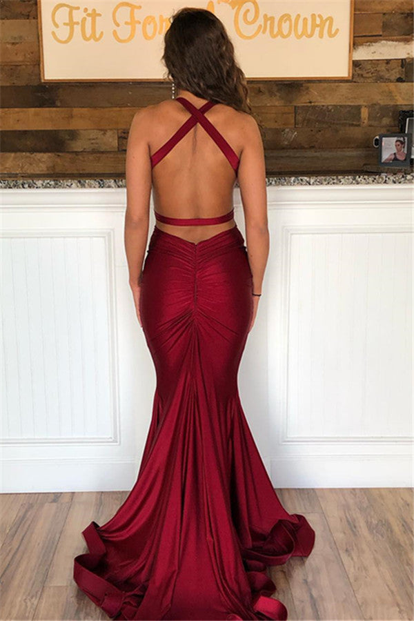 Mermaid Burgundy Halter V-Neck Sleeveless Backless Prom Dresses-showprettydress