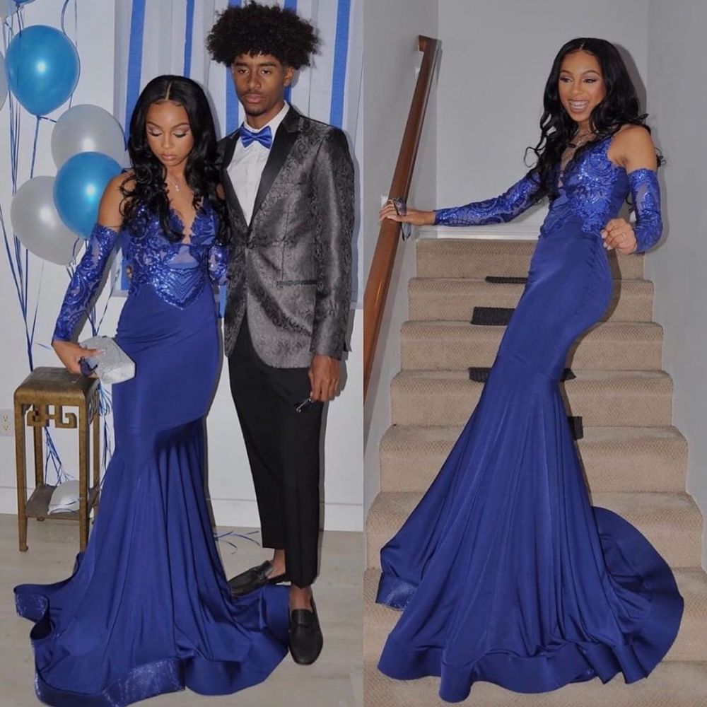Mermaid Deep V-neck Chapel Length Chiffon Ruffle Hem Prom Dress-showprettydress