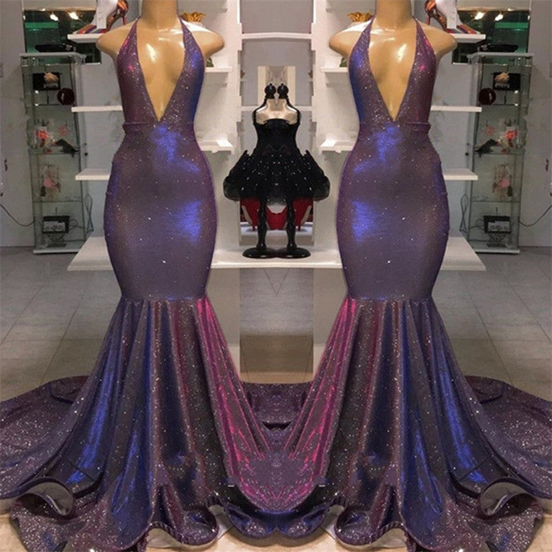 Mermaid Deep V-neck Halter Chapel Ruffle Hem Paillette Prom Dress-showprettydress