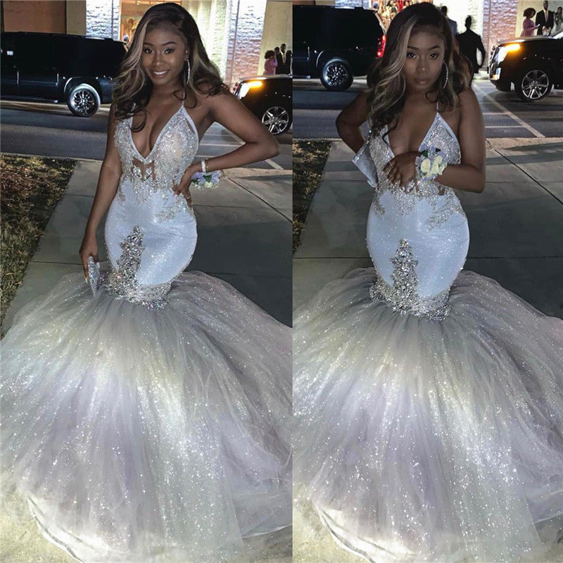 Mermaid Deep V-neck Halter Floor Length Tulle Paillette Beading Prom Dress-showprettydress