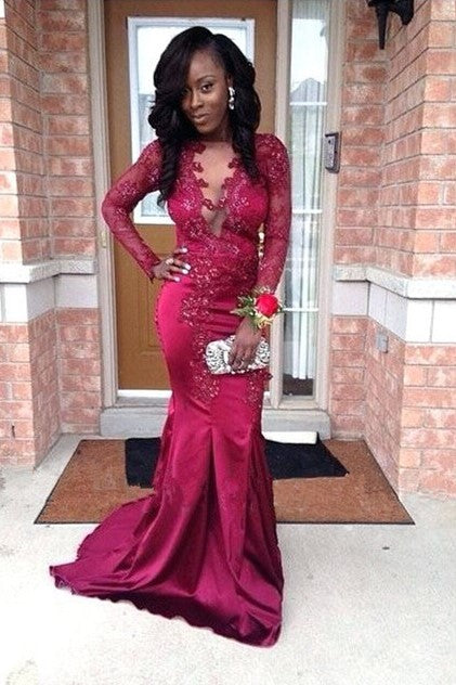 Mermaid Deep V-neck Long Sleeves Floor Length Charmeuse Beaded Prom Dress-showprettydress