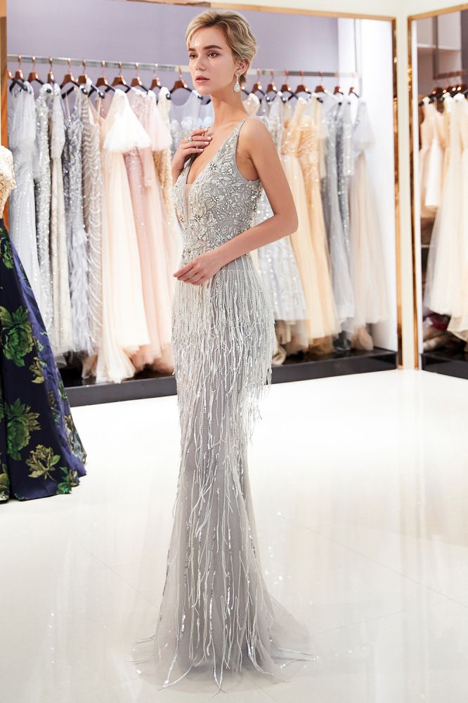 Mermaid Deep V-neck Sleeveless Tassel Beading Party Dresses-showprettydress