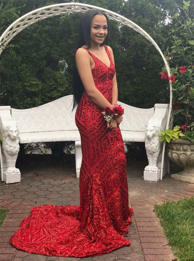 Mermaid Deep V-neck Spaghetti Strap Floor Length Chapel Paillette Evening Dress-showprettydress