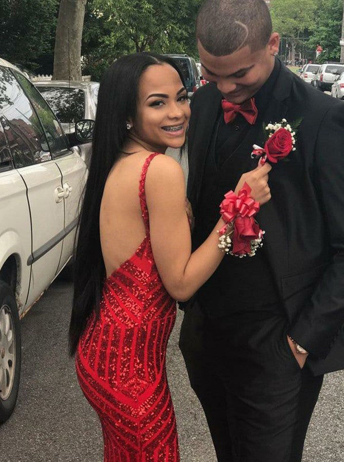 Mermaid Deep V-neck Spaghetti Strap Floor Length Chapel Paillette Evening Dress-showprettydress