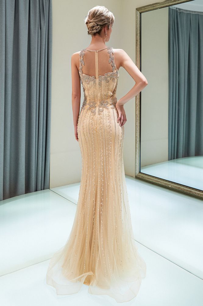 Mermaid Floor Length Sleeveless Beading Golden Evening Dresses-showprettydress
